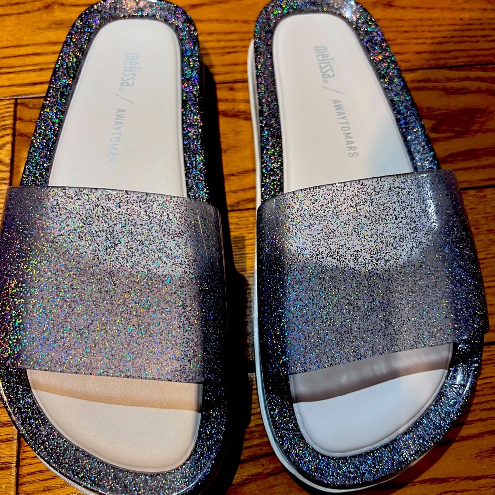 Brand new in box silver glitter Melissa sandals size 37